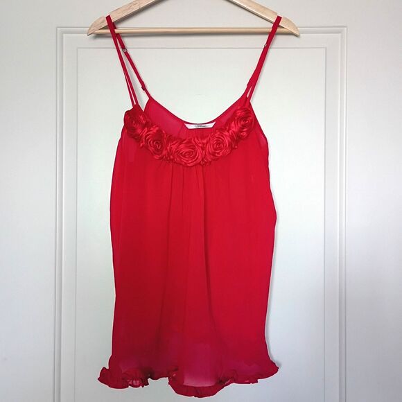 Flora Sheer Red Cami Satin Roses Ruffle Hem L Lingerie Camisole Coquette - Picture 1 of 7